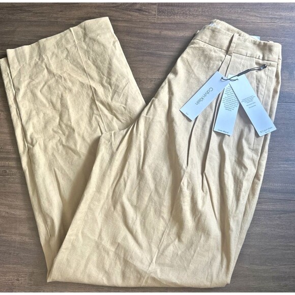 Calvin Klein Women's Linen Blend Pants Trendy Pleated Wide Leg Trouser Tan 10 - Picture 2 of 9